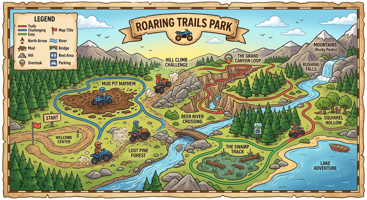 Illustrated trail map with forest tracks, a river, a mud pit, and a waterfall